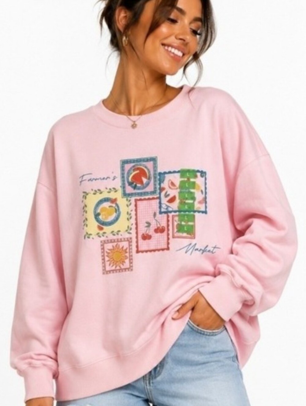 Feeling Festive Sweatshirt Womens Large Pink‎ Farmers Market Graphic Crewneck M